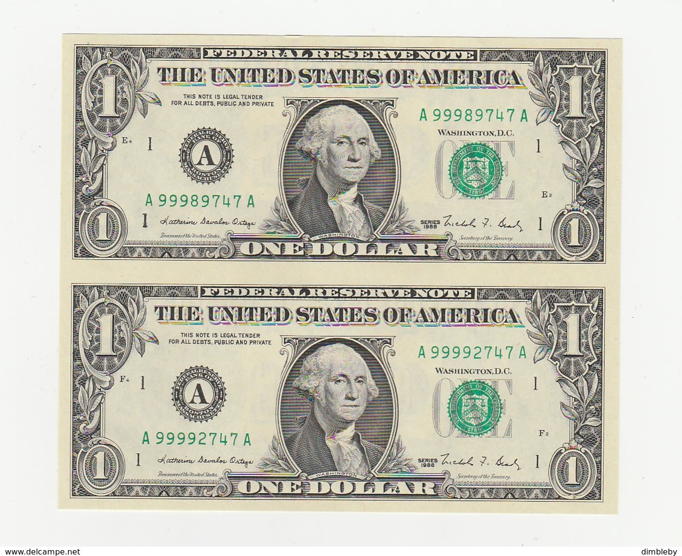 USA   Zwei Zusammenhängende  1 Dollar Noten Aus Grossbogen UNZ - Other & Unclassified
