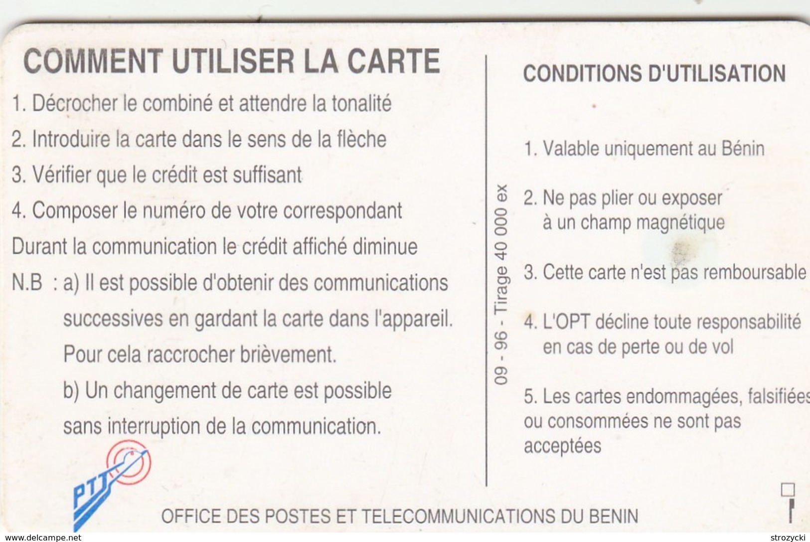 Benin - Telephone Tariffs 2 (09/96) - Bénin