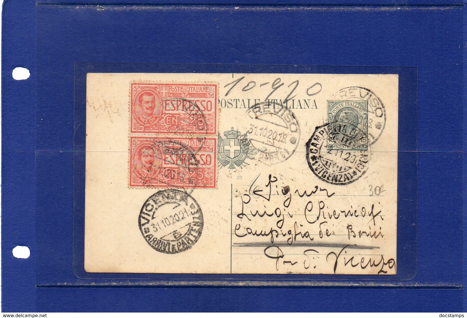 ##(DAN185)-1920-cartolina  Postale Espresso  Cent.15 Filagrano C45  Mill.20  Da  Treviso Per Campiglia Dei Berici - Interi Postali