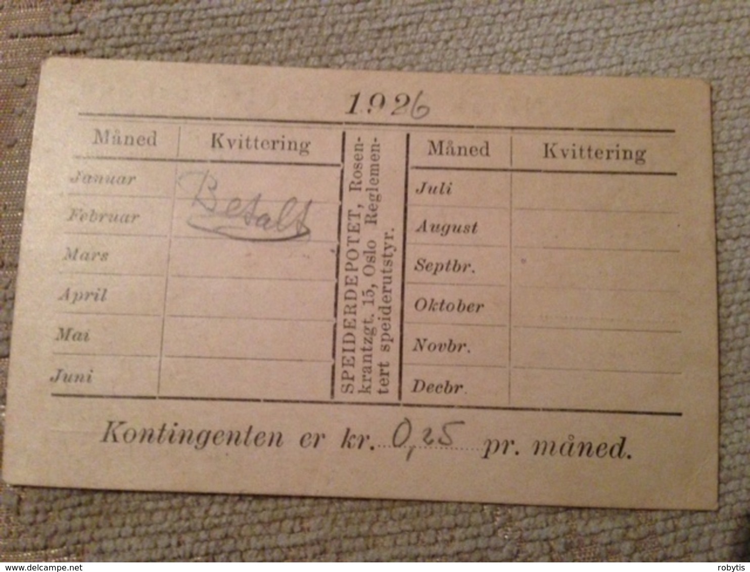 Norway  1926 Membership Card - Otros & Sin Clasificación