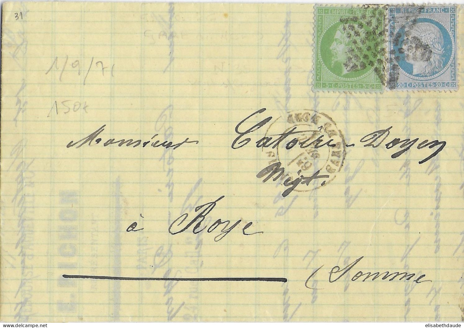 1 SEPT 1871 - 1° JOUR Du TARIF 25c - LETTRE De PARIS GARE DU NORD => ROYE (SOMME) - Posttarife