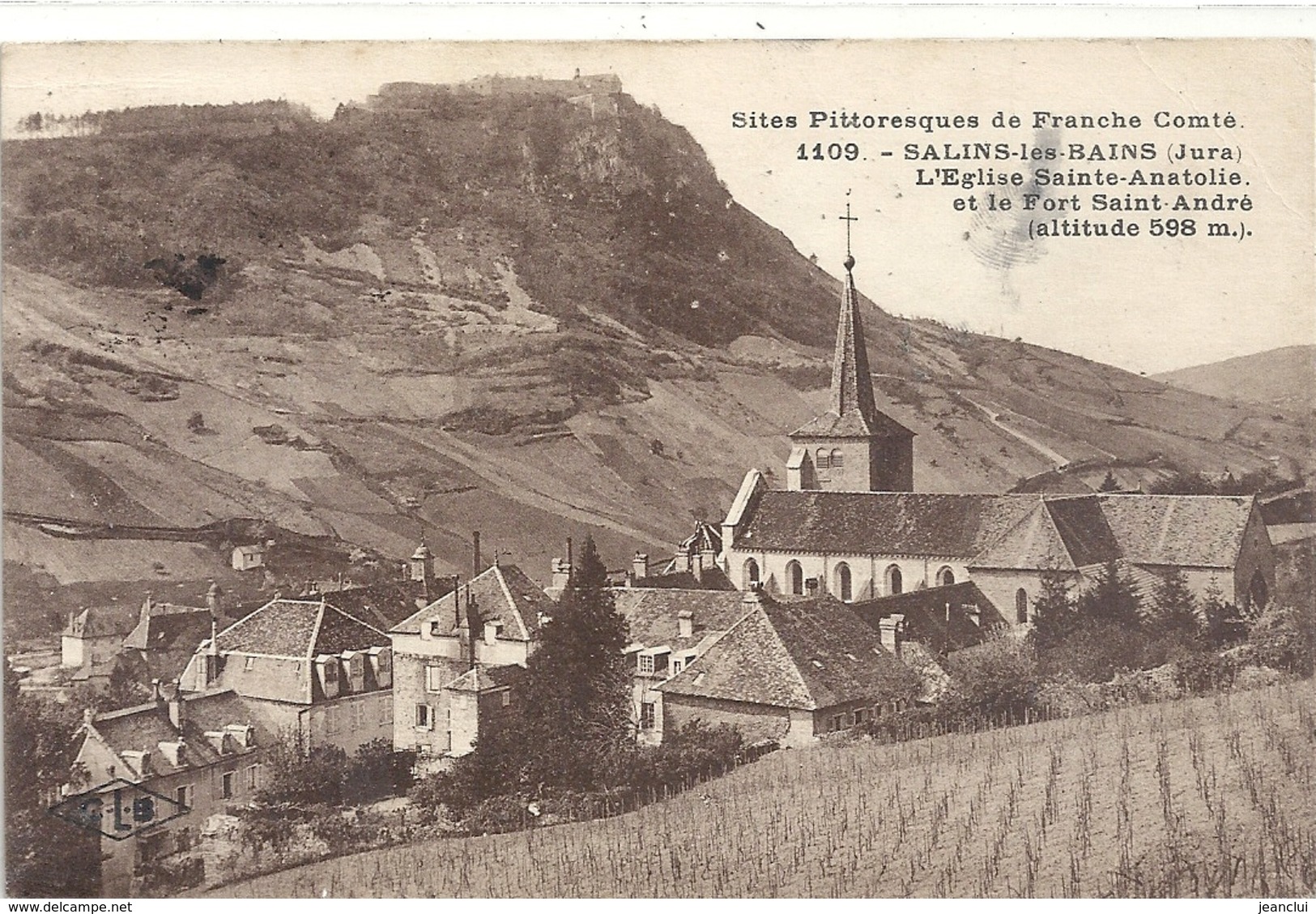 1109. SALINS-LES-BAINS . L'EGLISE SAINTE-ANATOL(i)E ET LE FORT SAINT-ANDRE + VIGNES . AFFR AU VERSO . 2 SCANES - Autres & Non Classés