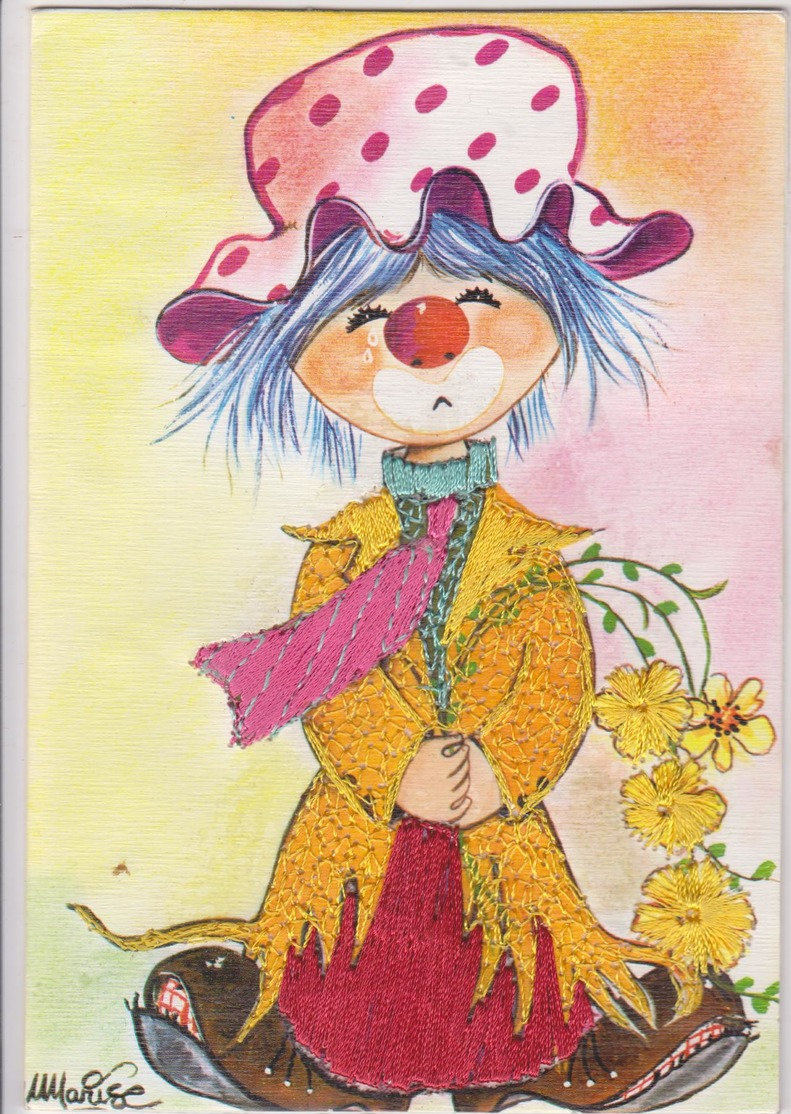 CARTE DOUBLE  BRODEE  CLOWN - Brodées