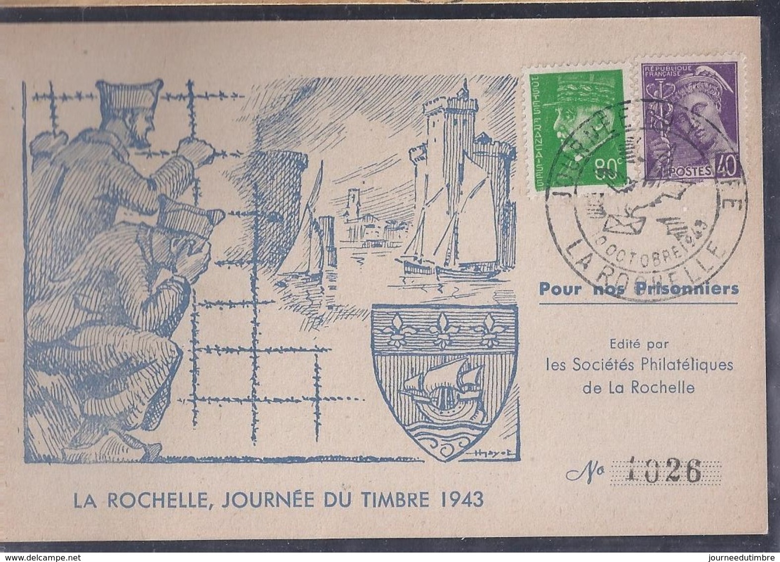 Carte Locale Journée Du Timbre 1943 La Rochelle Mercure Petain - Lettres & Documents