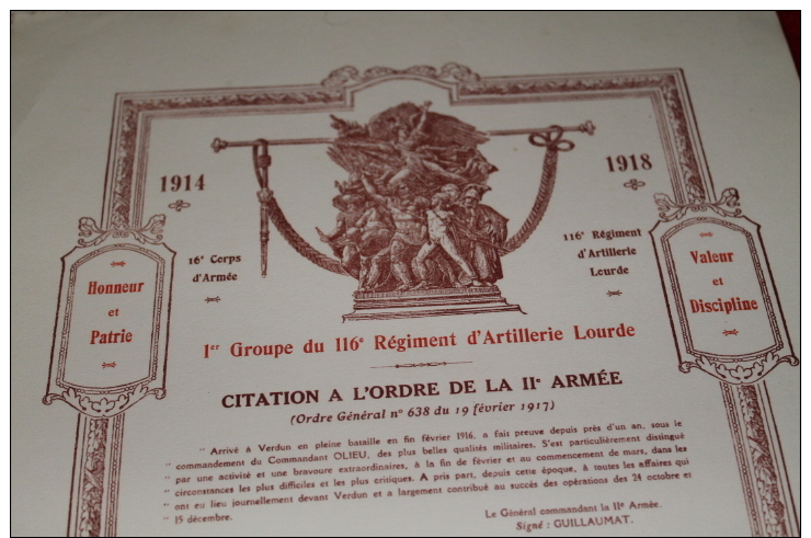 Lot De 2 Citations Du 116ème RAL Vierge Signé Commandant Mialin - 1914-18