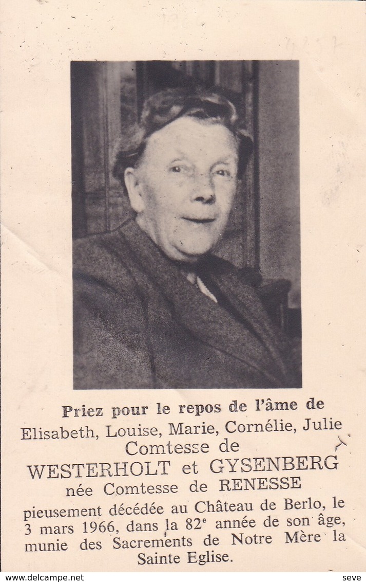 Château De BERLO Elisabeth Comtesse De WESTERHOLT Et GYSENBERG Née De RENESSE 82 Ans 1966 Souvenir Décès - Avvisi Di Necrologio