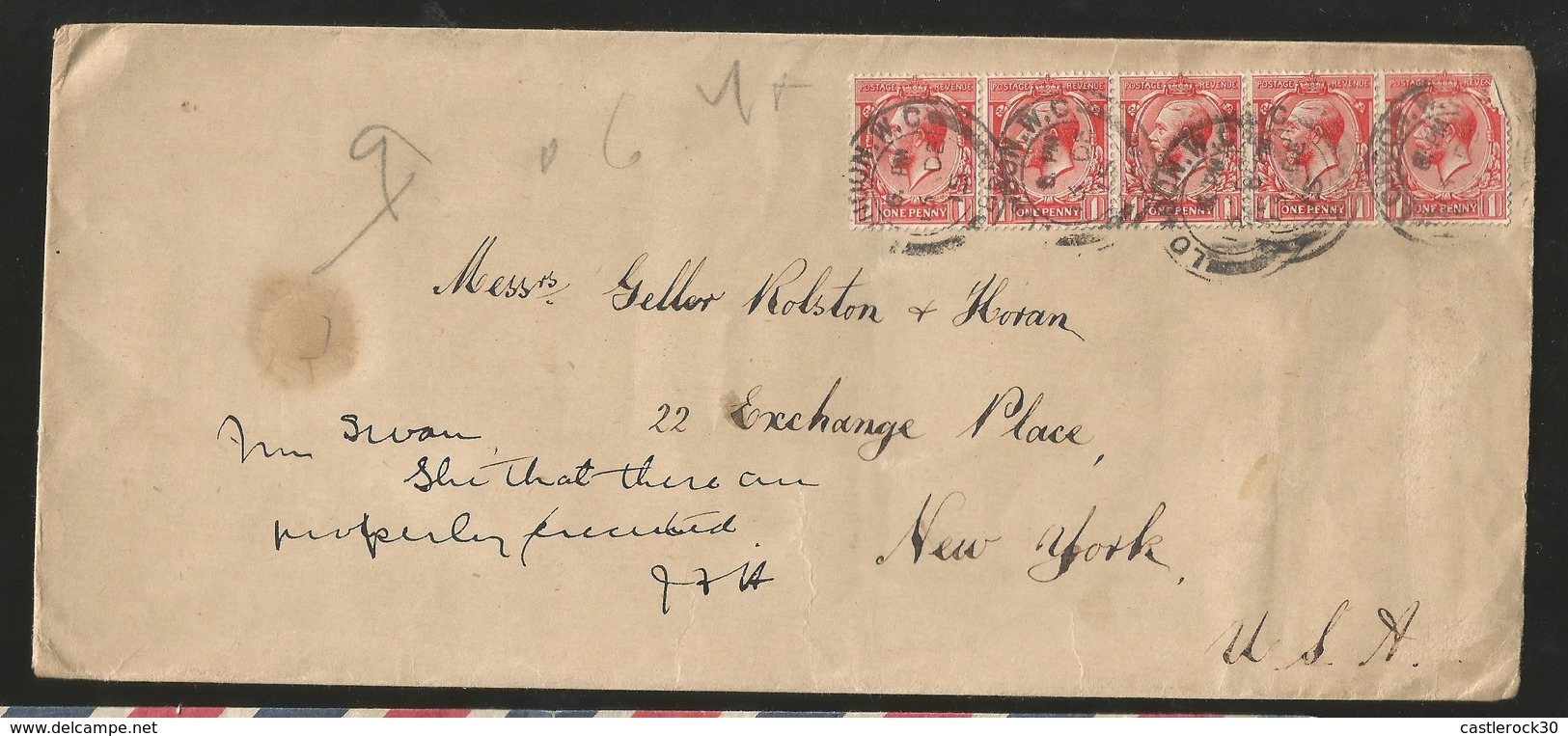 M) 1915 GREAT BRITAIN, STRIP OF FIVE STAMPS OF THA KING GEORGE V, CIRCULATED COVER FROM GREAT BRITAIN TO USA. - Other & Unclassified