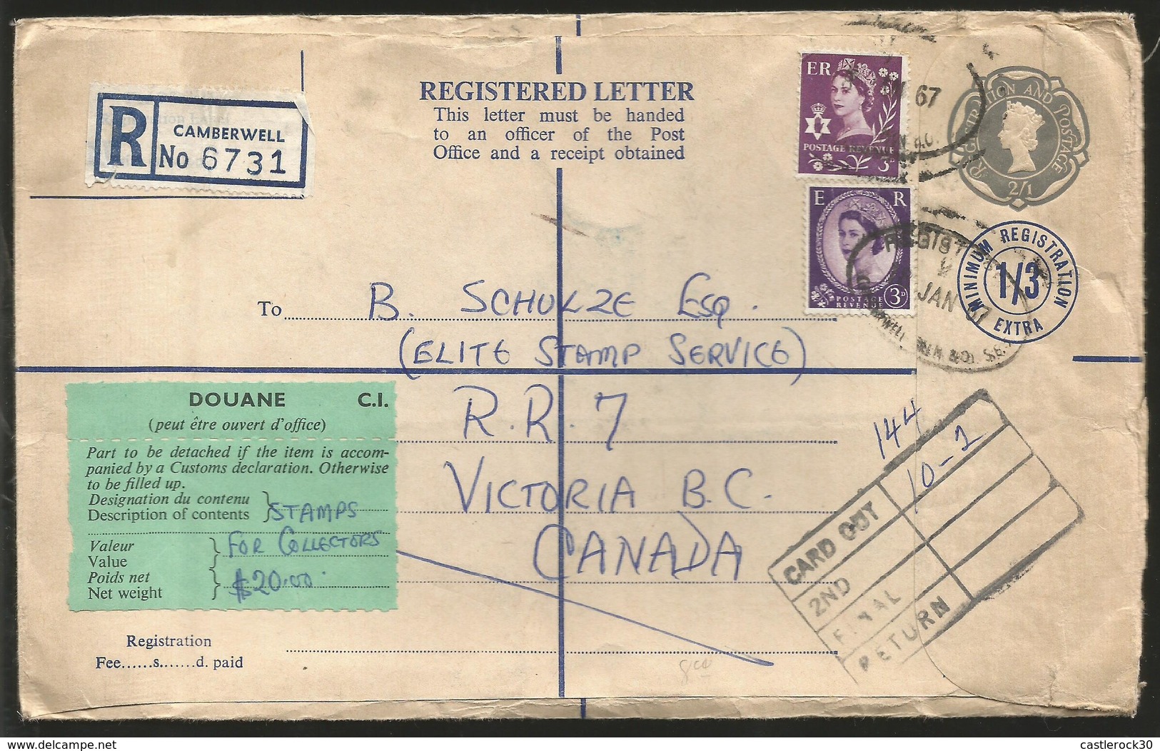 M) 1967 GREAT BRITAIN, REGISTERED, POSTAL STATIONARY, QUEEN ELIZABETH, AIR MAIL, CIRCULATED COVER FROM GREAT BRITAIN TO - Other & Unclassified