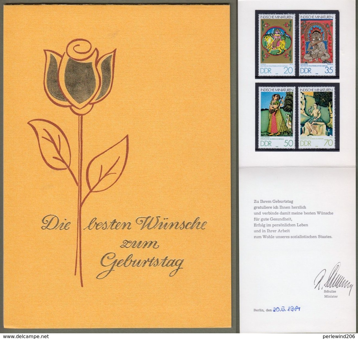 DDR: Ministerkarte / Minister Card / Geburtstagskarte Des DDR-Postministers, Mi-Nr. 2418-21: Indische Miniaturen ! RR - Briefe U. Dokumente