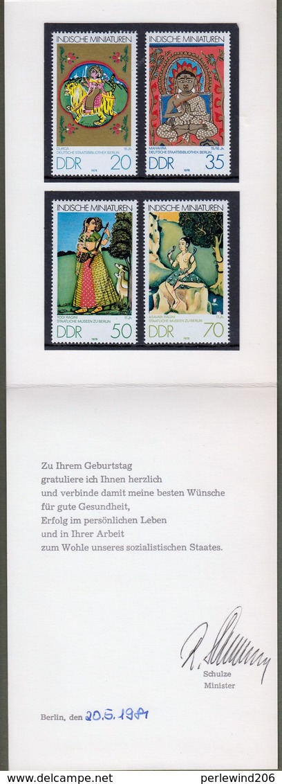 DDR: Ministerkarte / Minister Card / Geburtstagskarte Des DDR-Postministers, Mi-Nr. 2418-21: Indische Miniaturen ! RR - Briefe U. Dokumente