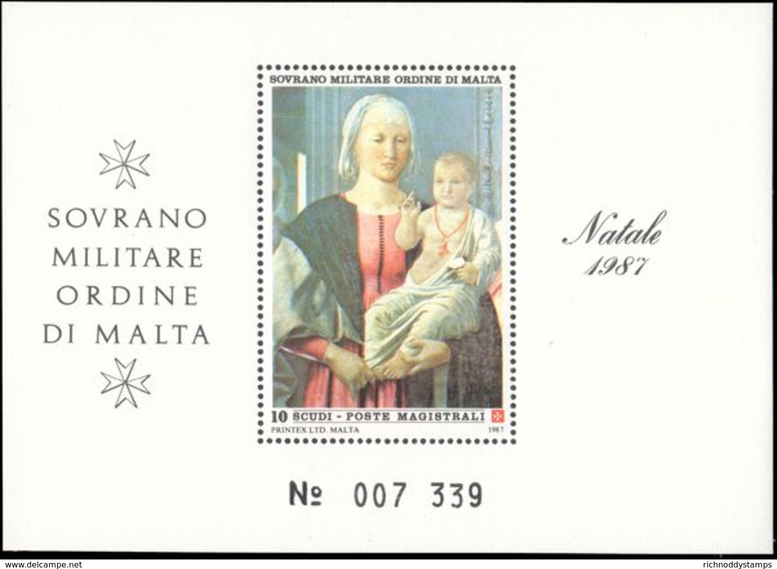 Sovereign Military Order Of Malta 1987 Madonna By Piero Della Francesca Souvenir Sheet Unmounted Mint. - Malte (Ordre De)