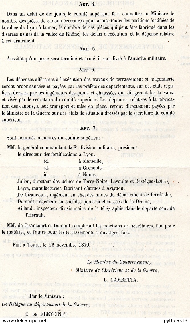 GUERRE De 1870 Decret N°40 Du 12 Novembre 1870 Formation D'un Comité Supérieur De Défense De La Vallée Du Rhône - Decrees & Laws