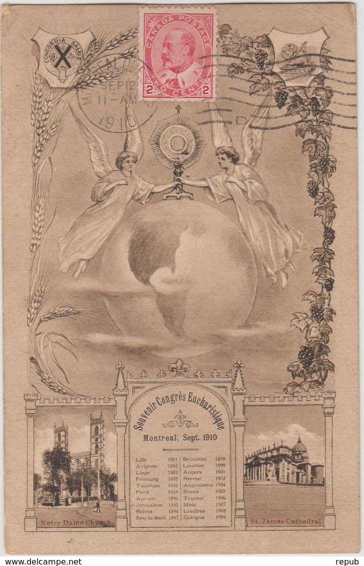 Canada CPA Congrès Eucharistique Montréal 1910 Avec Vignette Au Verso - Briefe U. Dokumente