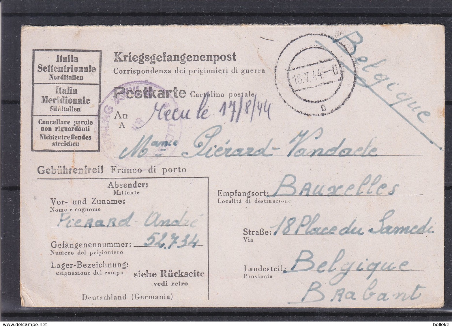 Italie - Carte Postale De 1944 - Prisonniers De Guerre - Kriegsgefangenenpost - Exp Vers Bruxelles - Avec Censure - Poststempel