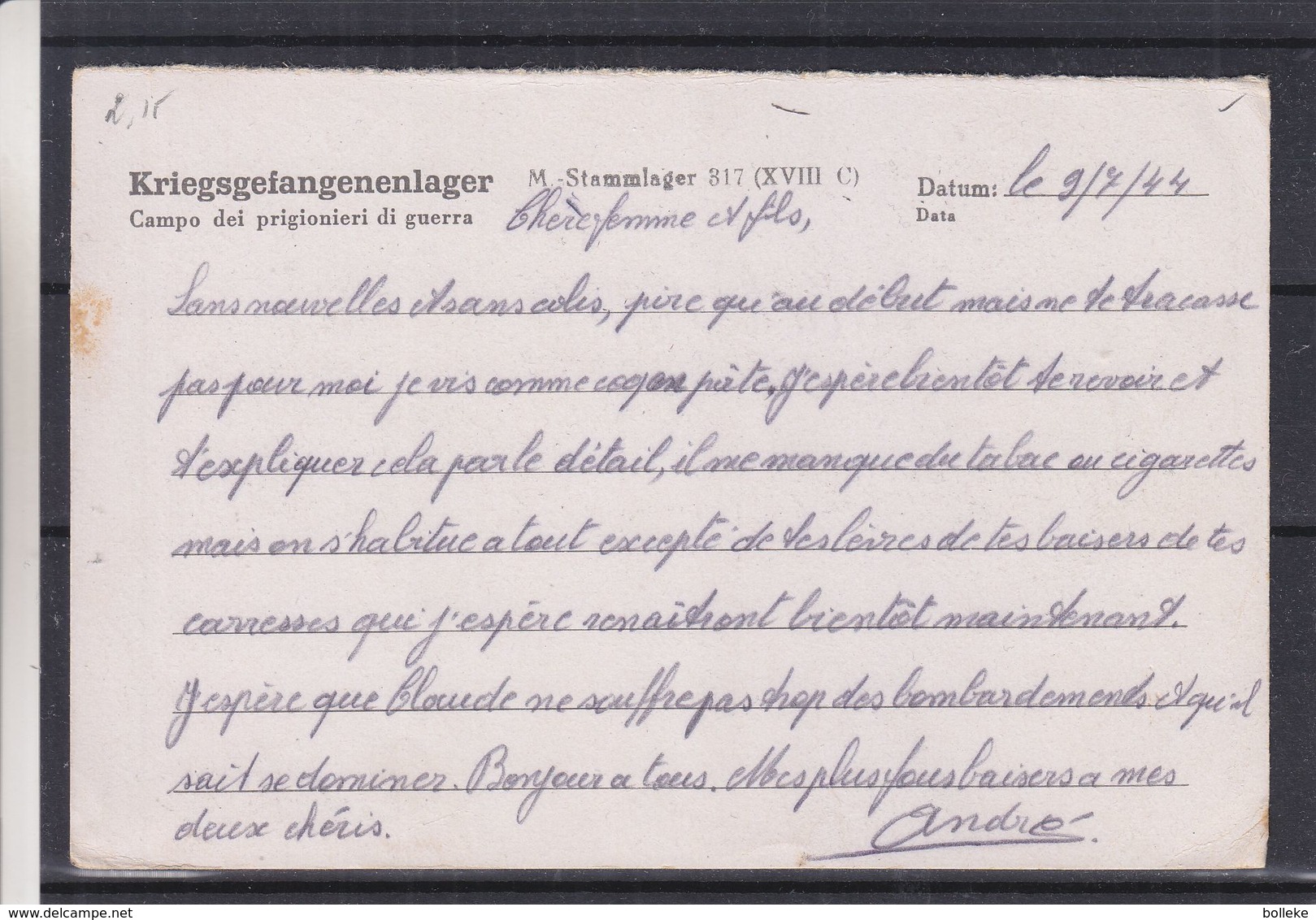 Italie - Carte Postale De 1944 - Prisonniers De Guerre - Kriegsgefangenenpost - Exp Vers Bruxelles - Avec Censure - Poststempel