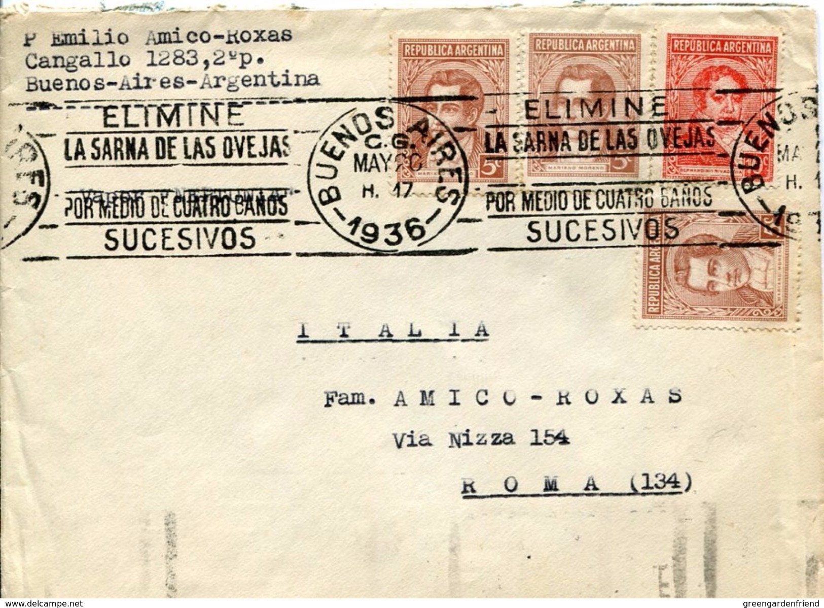 27892 Argentina, Circuled Cover To Italy 1936  Elimine La Sarna De Las Ovejas..... - Cartas & Documentos