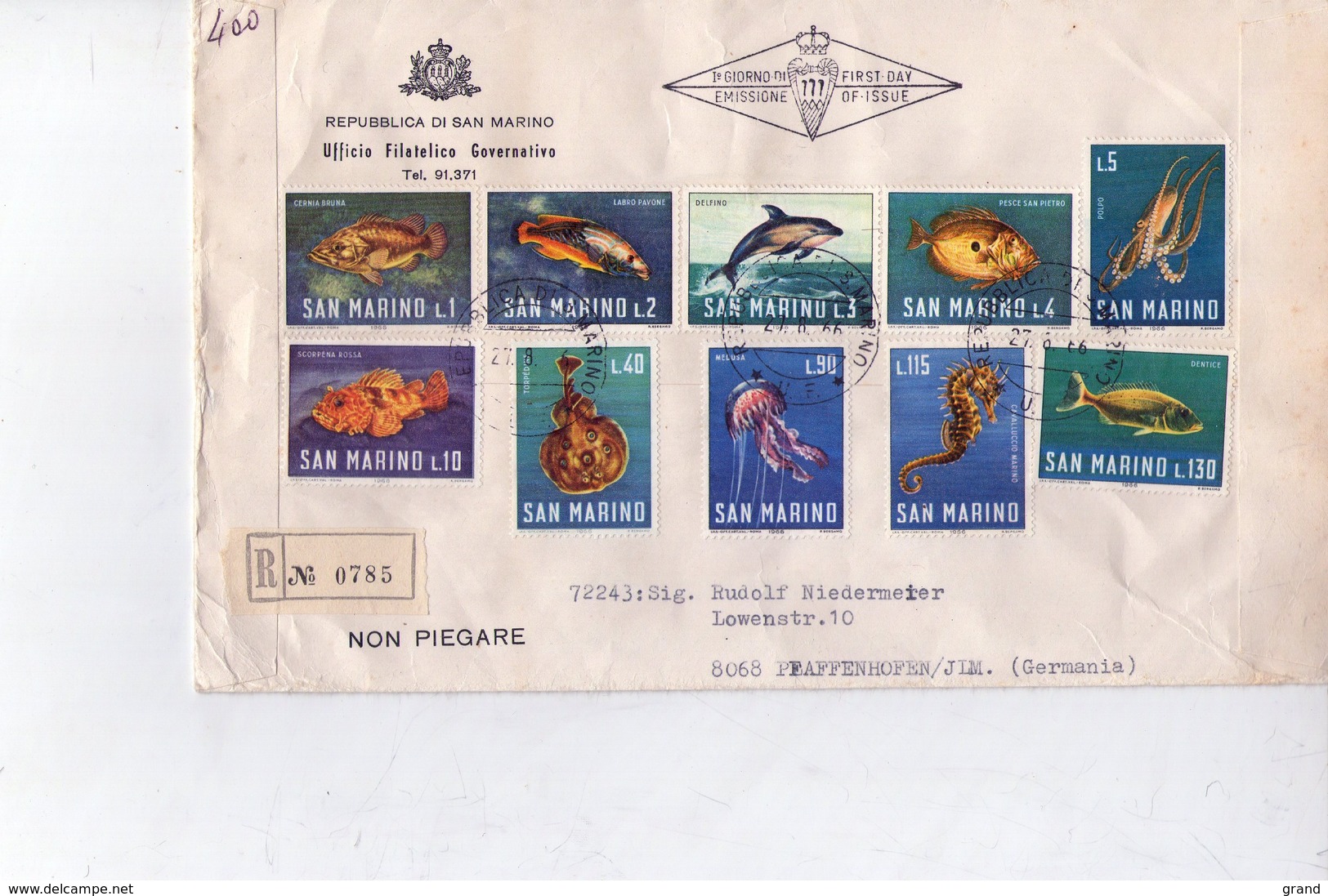 San Marino 1966-Poissons, Dauphin,poulpe-série Sur Lettre FDC Envoyée Vers L'Allemagne - Meereswelt