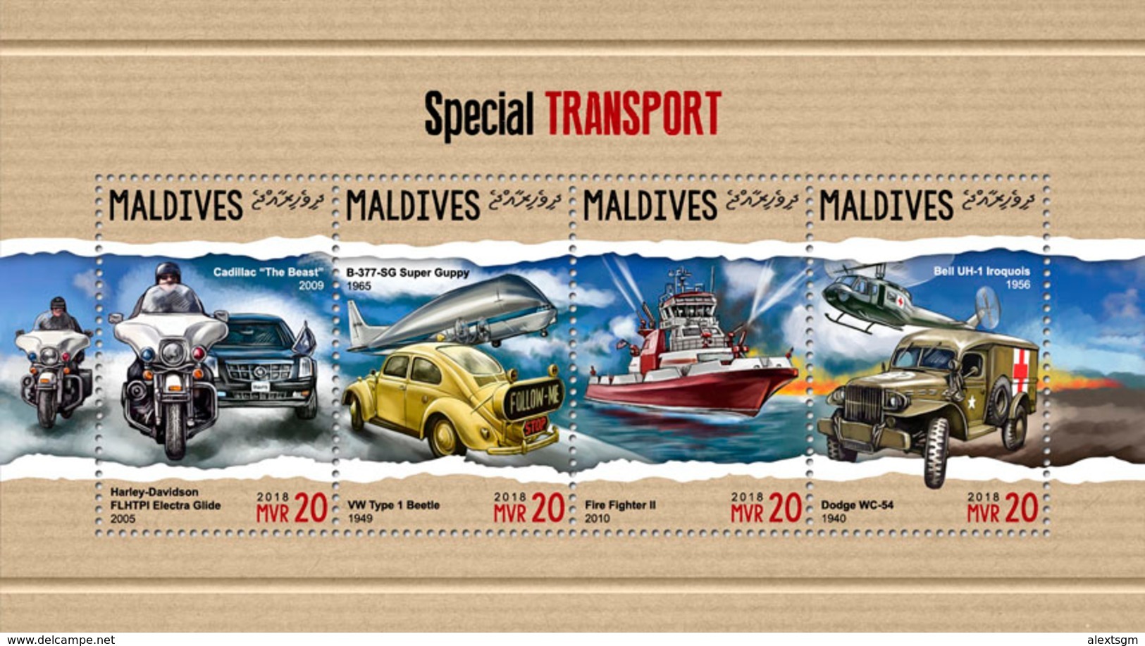 MALDIVES 2018 - Special Transport: Cadillac, Volkswagen, Dodge. Official Issue - Automobili