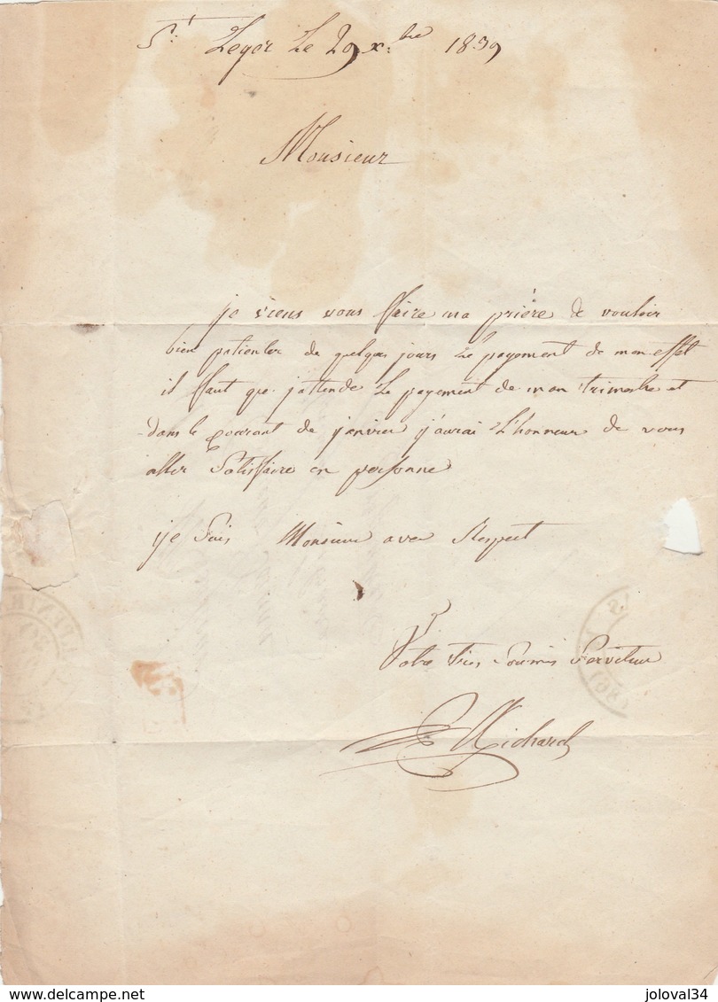 Lettre  écrite De St Léger 29/12/1839 Cachet PP Port Payé Pour Carpentras Vaucluse - 1801-1848: Précurseurs XIX