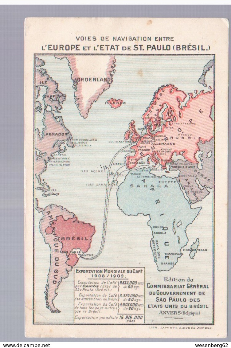 Voies De Navigation Entre L' Europe Et L`Etat De ST PAULO BRESIL  Landkarte MAP Litho Ca 1910 2 Scans (2) - Cartes Géographiques