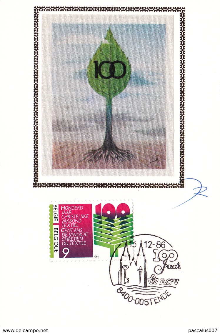 B01-085-1 2238  MET Signée Carte SonyStamp FDC Soie Syndicat 100 Ans Syndicalisme Chrétien 13-12-1986 8400 Oostende €2.5 - 1981-1990