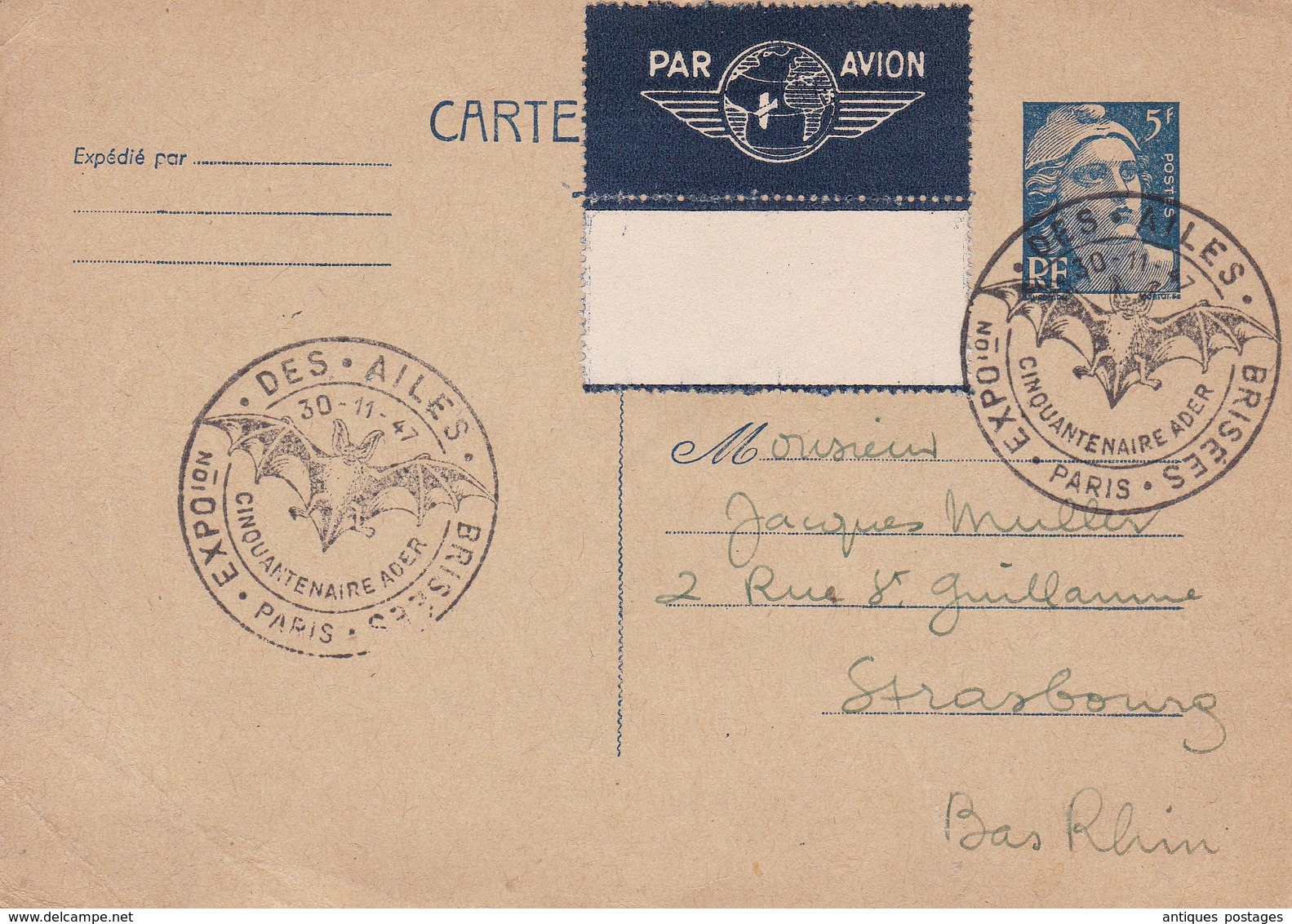 Carte Entier Postal 1947 Marianne De Gandon Clément Ader Aviation Expotion Les Ailes Brisées - 1921-1960: Modern Period