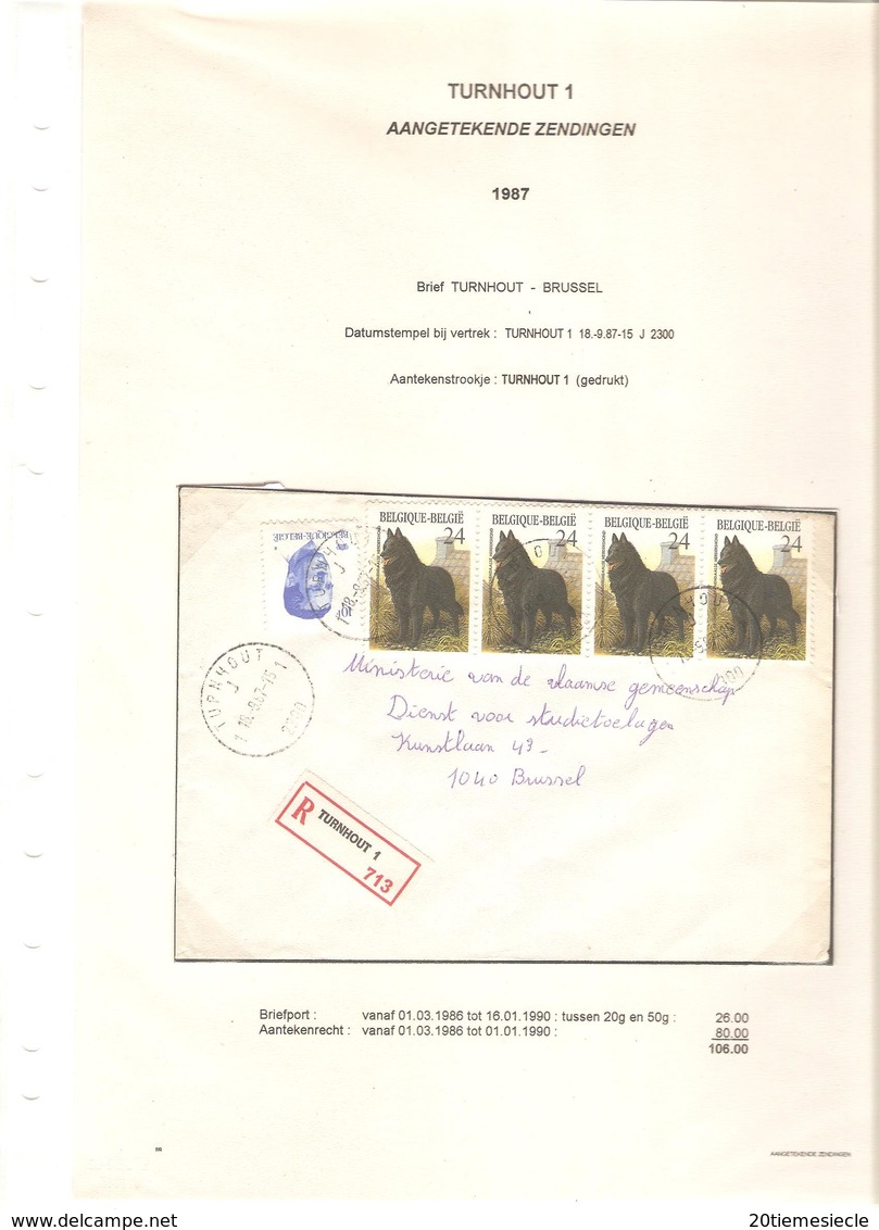 TP 2069 Baudouin Velghe - 2215(4) Chien Groenendael S/L.recommandée C.Turnhout 18/9/1987 V.BXL AP2019 - Briefe U. Dokumente