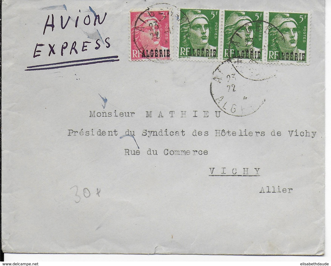 1946 - ALGERIE - GANDON Sur ENVELOPPE EXPRES Par AVION De ALGER => VICHY - Lettres & Documents