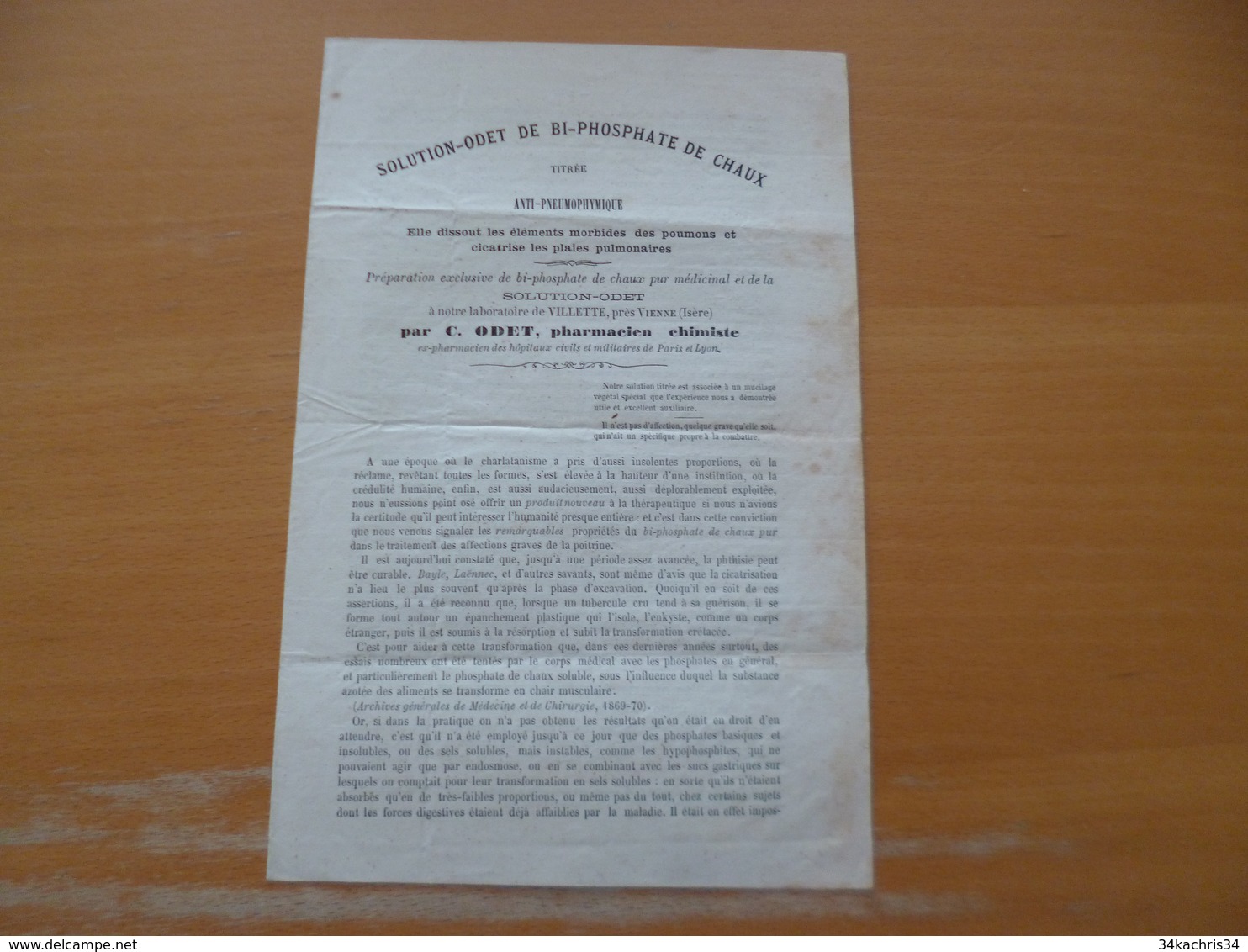 Publicité XIXème Solution Odette De Bi Phosphate De Chaux Anti Pneumophyque Médecine Pharmacie Par Odet Paris Lyon - Publicités