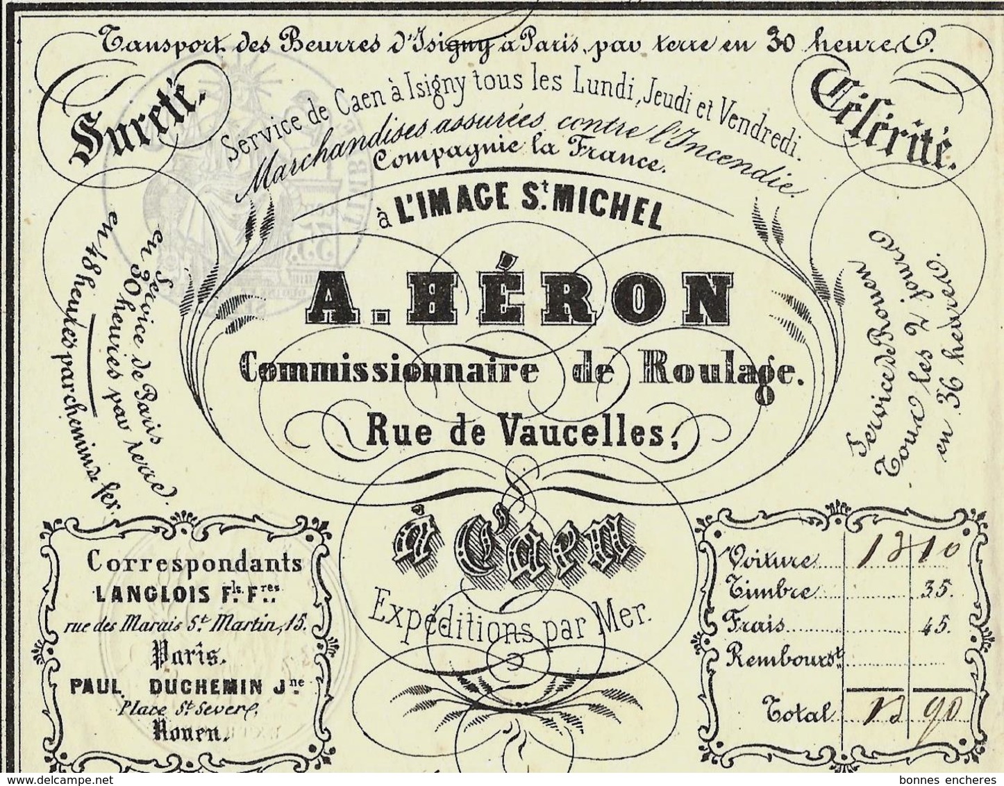 1855 LETTRE DE VOITURE Pour PRUD HOMME ST BRIEUC ENTETE A L IMAGE ST MICHEL A. HERON ROULAGE TRANSPORT - 1800 – 1899