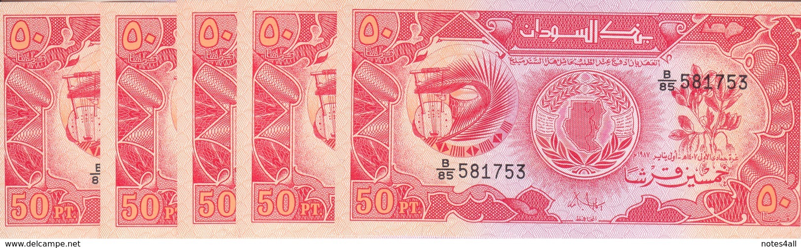 SUDAN 50 Piastres 1987 P-38 LOT X5 UNC NOTES */* - Sudan