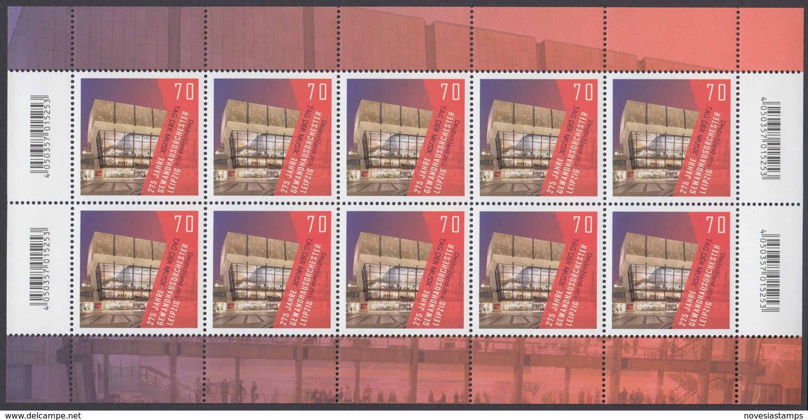 !a! GERMANY 2018 Mi. 3385 MNH SHEET(10) - Orchestra Of "Gewandhaus"-Concert Hall, Leipzig - 2011-2020