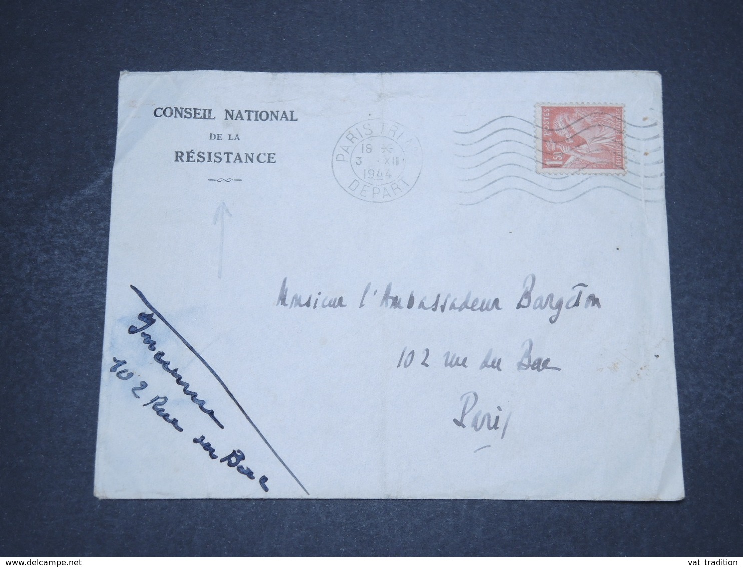 FRANCE - Enveloppe Du Conseil National De La Résistance De Paris Pour Paris ( Ambassadeur ) En 1944 - L 16528 - WW II