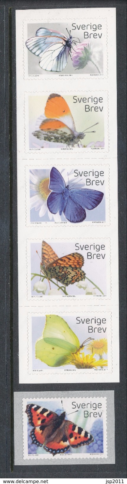 Sweden 2017. Facit # 3167-3172. From Booklet SH98. Fjäril - Set Of 6. (Strip Of 5 + Coil). MNH (**) - Unused Stamps