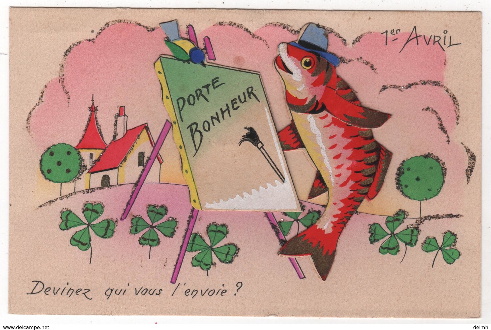 CPA Découpis Ajoutis Collage Poisson Humanisé Peintre Chevalet 1er Avril Porte Bonheur Ida 583 - Pescados Y Crustáceos