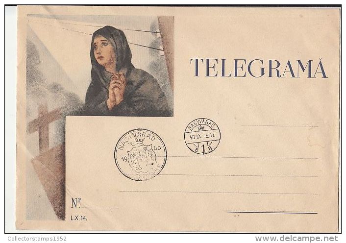 6345FM- WOMAN PRAYING TELEGRAMME COVER, TELEGRAPH, NAGYVARAD VISSZATERT-ORADEA IS BACK SPECIAL POSTMARK, 1940, HUNGARY - Telegraphenmarken
