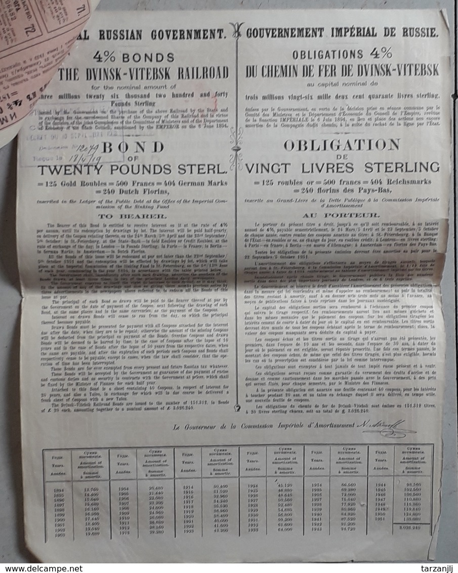 Action, Titre, Obligation Russe De 25 Livres Chemin De Fer De Dvinsk (Daugavpils) - Vitebsk 1894 - Russland