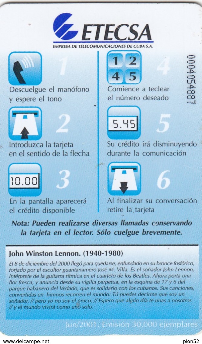 11954 - SCHEDA TELEFONICA - CUBA - ESTATUA DE JOHN WISTON LENNON - USATA - Cuba