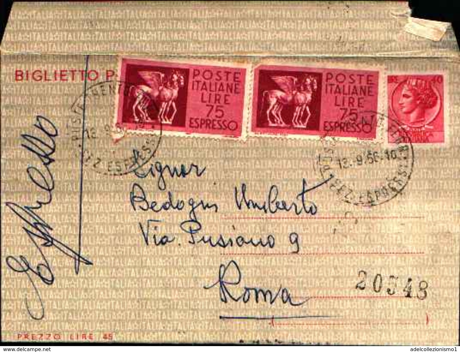 87691) Espresso- Biglietto Postale Da 40l.siracusana+2x75l. Espresso Da Trento A Roma  Il 12/9/1966 - 1946-60: Storia Postale