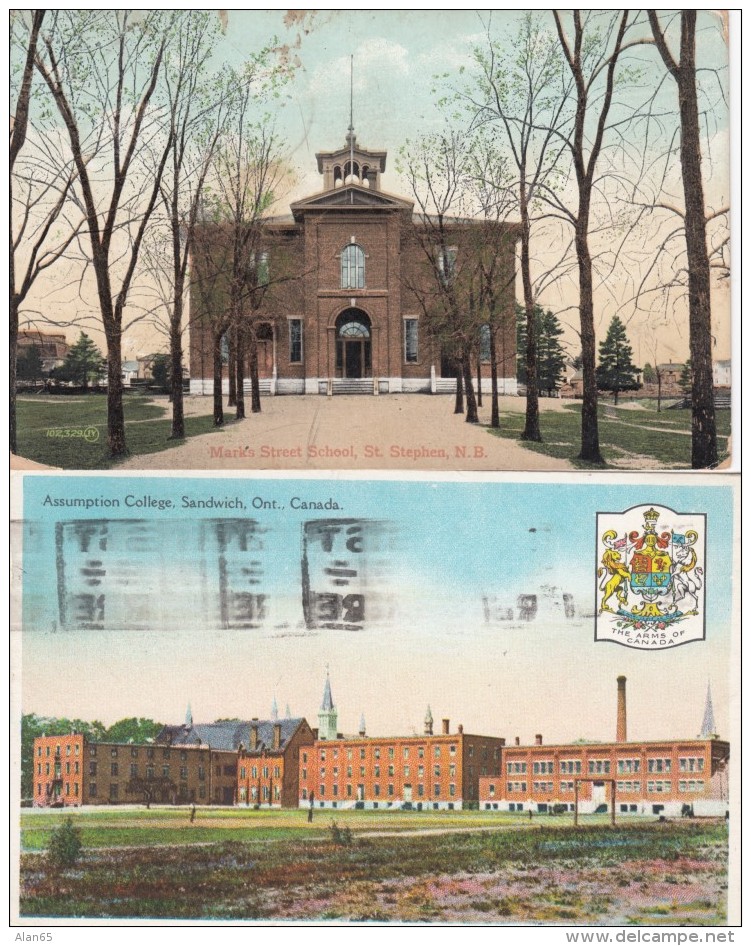 Canada Lot Of 2 Postcards, Sc#97 1-cent 1908 &amp; #142 2-cent 1927 Issues, Stephens NB And Sandwich ONT Postcard Images - Historia Postale