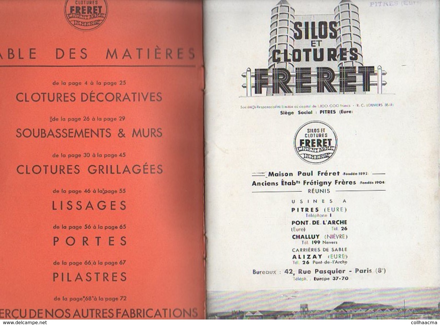 Catalogue 1925 Env. "Silos Et Clotures FRERET" Usines à Pitres,Pont De L'Arche,Challuy,Alizay - Publicités