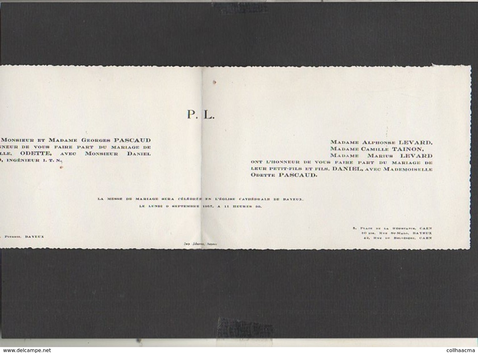 1957 Bayeux,Caen (14) Faire-part Mariage Familles Pascaud,Levart,Tainon En L'Eglise Cathédrale De Bayeux - Mariage