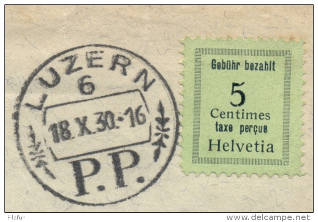 Schweiz - 1930 - 5c Gebühr Bezahlt / Taxe Percue On Cover From Luzern To Wiesbaden / Germany - Stamp? Label? - Briefe U. Dokumente