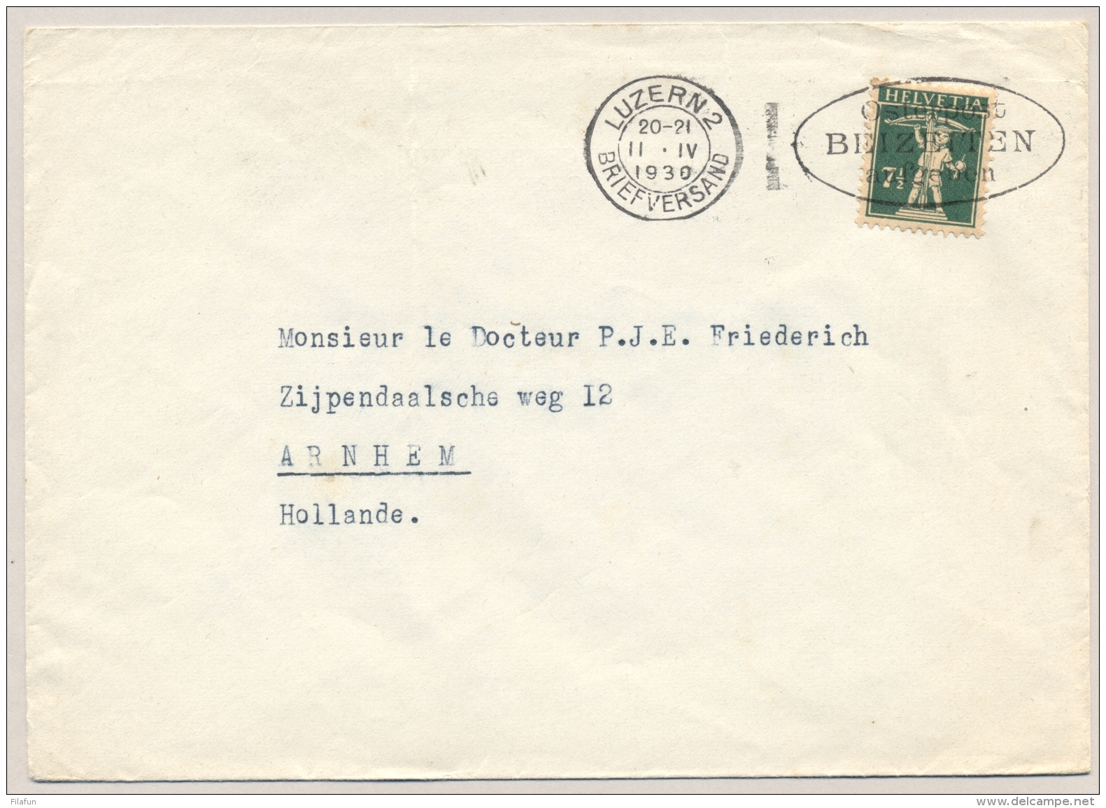 Schweiz - 1930 - 7,5c GTellknabe On Hotel Cover From Luzern To Arnhem / Nederland - Brieven En Documenten