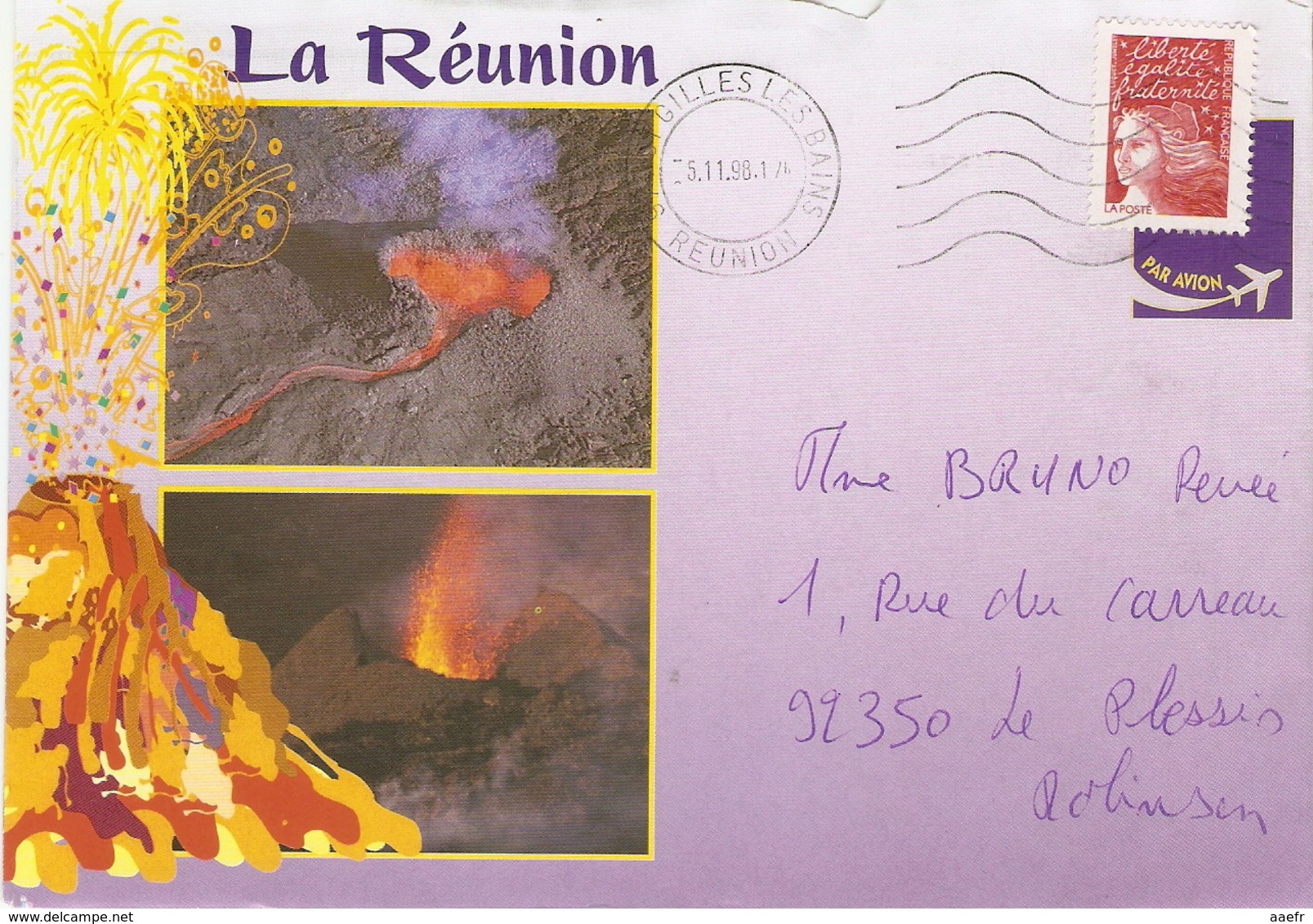 La Réunion 1998 - Enveloppe Illustrée De St Gilles-Les-Bains à Le Plessis Robinson - Piton De La Fournaise - YT 3083 +CP - Covers & Documents