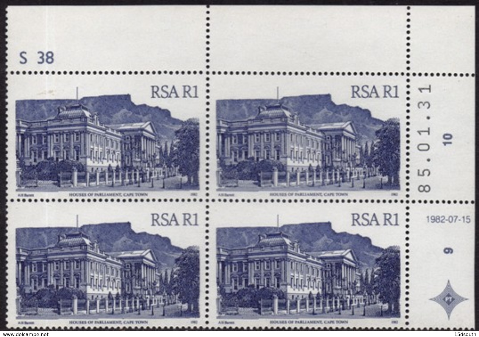 South Africa - 1982 Architecture Definitive R1 Control Block S38 85.01.31 (**) # SG 526 , Mi 616II - Blocs-feuillets