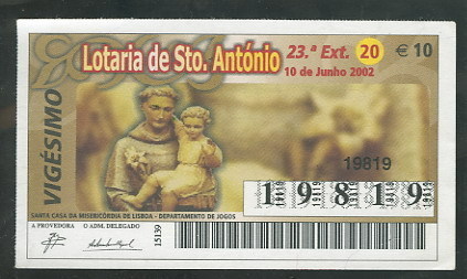 Loterie PORTUGAL 10.06.2002 Saint Antoine Lisbonne Et Padoue Padova Loteria Lottery - Billets De Loterie