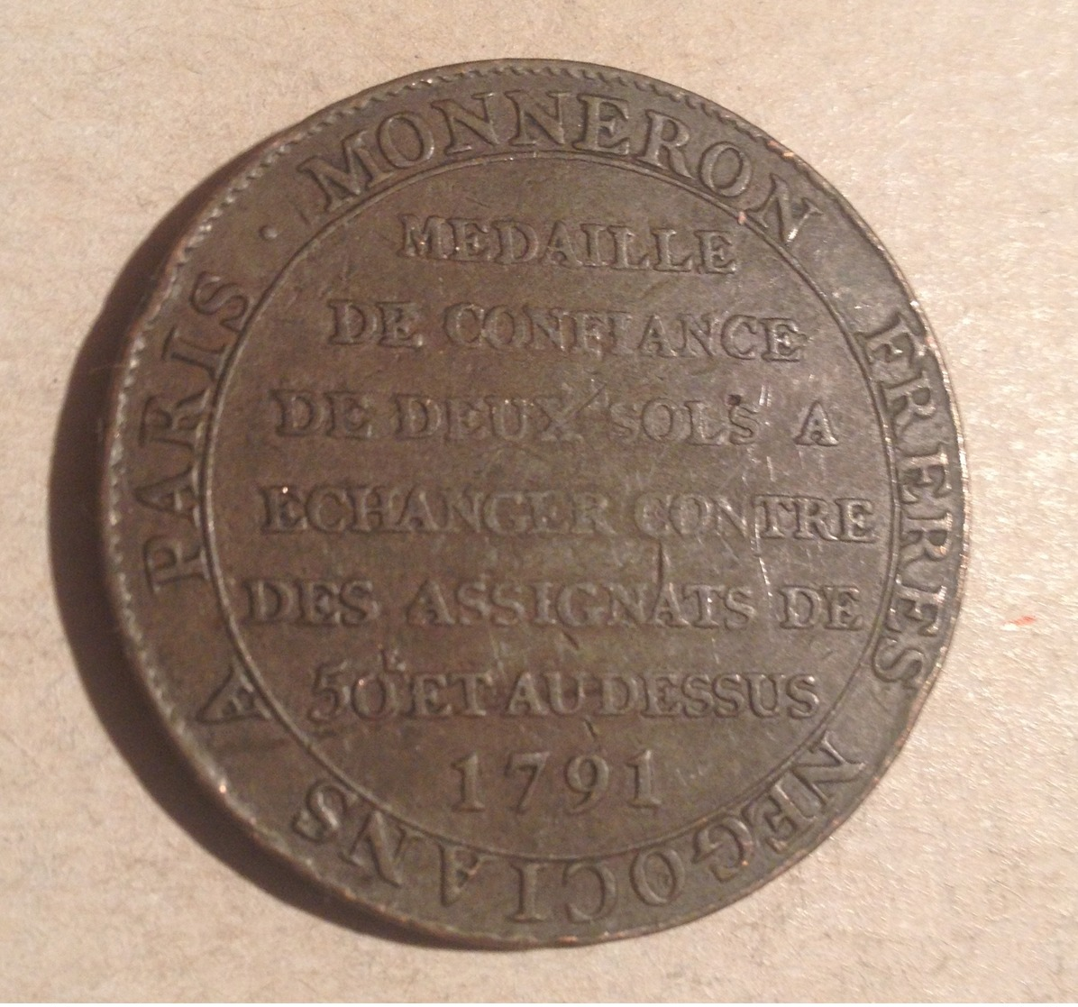 TOKEN JETON GETTONE MEDAGLIA MONNERON FRERES NEGOCIA A PARIS 1791 - Monetari / Di Necessità