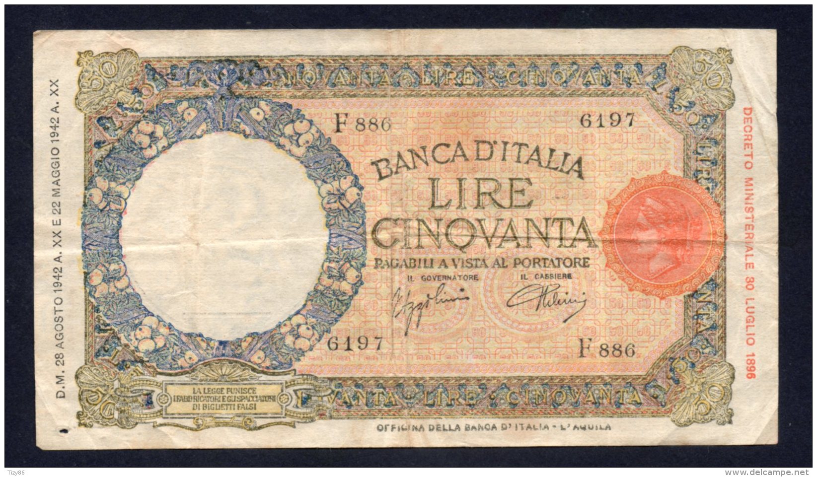 Regno D'Italia - 50 Lire Lupetta (fascio) 28/8/1942 (circolata) - 50 Lire