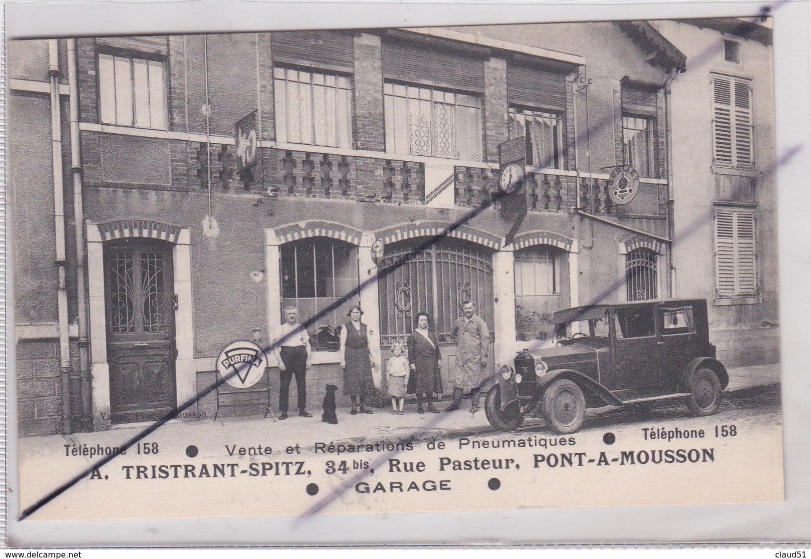 Pont A Mousson (54) Garage .A.Tristant-Splitz.34 Bis Rue Pasteur-Voiture Ancienne (Peugeot 201?)& Personnages... - Pont A Mousson